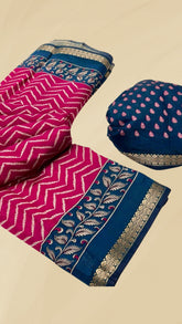 Pink and Blue Kalamkari Leheriya Handloom Cotton Saree